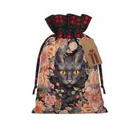 Dwrepo Sacchetti regalo con stampa di fiori e gatti, con coulisse, sacchetti regalo di Natale, sacchetti per regali di Natale per feste, Nero , 1 Count (Pack of 1)