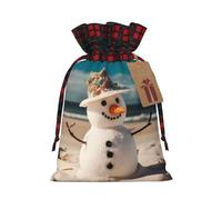 Dwrepo Sacchetti regalo con stampa di pupazzo di neve con conchiglie sedute sulla spiaggia sabbiosa con coulisse sacchetti regalo di Natale sacchetti per feste di Natale, Nero , M
