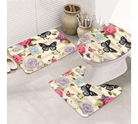 Dwrepo Set di 3 tappetini da bagno antiscivolo a righe con fiori e farfalle, tappetini da bagno in microfibra, tappetino da bagno assorbente, tappetino contorno e copertura per WC