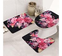 Dwrepo Set di 3 tappetini da bagno antiscivolo con bellissimi fiori, tappetini da bagno in microfibra, tappetino da bagno assorbente, tappetino per contorno e copertura del coperchio del WC