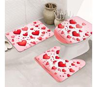 Dwrepo Set di 3 tappetini da bagno antiscivolo con cuori rossi, tappetini da bagno in microfibra, tappetini da bagno assorbenti, tappetino contorno e copertura per WC