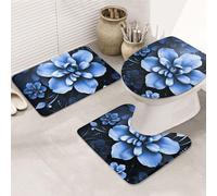 Dwrepo Set di 3 tappetini da bagno antiscivolo con fiori blu, tappetini da bagno in microfibra, tappetino da bagno assorbente, tappetino contorno e copertura per WC