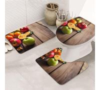 Dwrepo Set di 3 tappetini da bagno antiscivolo con frutta su pavimento in legno, tappetini da bagno in microfibra, tappetino da bagno assorbente, tappetino per contorno e copriwater