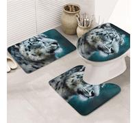 Dwrepo Set di 3 tappetini da bagno antiscivolo con motivo leopardato di colore blu, tappetini da bagno in microfibra, tappetino da bagno assorbente, tappetino contorno e copertura per coperchio WC