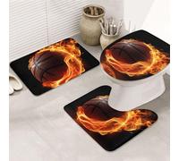 Dwrepo Set di 3 tappetini da bagno antiscivolo con motivo pallacanestro sul fuoco, tappetini da bagno in microfibra, tappetino da bagno assorbente, tappetino per contorno e copertura del coperchio del