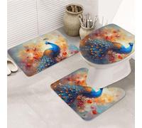 Dwrepo Set di 3 tappetini da bagno antiscivolo con motivo pavone, tappetini da bagno in microfibra, tappetino da bagno assorbente, tappetino per contorno e copertura del coperchio del WC