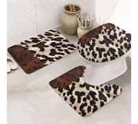 Dwrepo Set di 3 tappetini da bagno antiscivolo in pelle bovina marrone, tappetini da bagno in microfibra, tappetino da bagno assorbente, tappetino per contorno e copertura del coperchio del WC