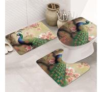Dwrepo Set di 3 tappetini da bagno antiscivolo orientali con pavone su albero di fiori, tappetini da bagno in microfibra, tappetino da bagno assorbente, tappetino contorno e copertura per WC