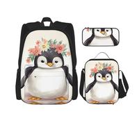 Dwrepo Set di 3 zaini con borsa per il pranzo e portapenne, pinguino che indossa fiori, zaino da viaggio, zaino per laptop di grande capacità, per uomini e donne, casual, portapranzo, portapenne, nero