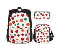 Dwrepo Set di 3 zaini con borsa per il pranzo e portapenne, zaino da viaggio a pois, grande capacità, per uomo e donna, casual, portapranzo, portapenne, nero, taglia unica, zaini da viaggio,