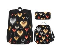 Dwrepo Set di 3 zaini con borsa per il pranzo e portapenne, zaino da viaggio con amore luminoso, zaino per laptop di grande capacità, per uomini e donne, casual, portapranzo, portapenne, nero, taglia