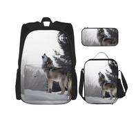 Dwrepo Set di 3 zaini con borsa per il pranzo e portapenne, zaino da viaggio con lupo ululante, zaino per laptop di grande capacità, per uomini e donne, casual, portapranzo, portapenne, nero, taglia