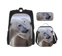 Dwrepo Set di 3 zaini con borsa per il pranzo e portapenne, zaino da viaggio con orso polare, zaino per laptop di grande capacità, per uomini e donne, casual, portapranzo, portapenne, nero, taglia