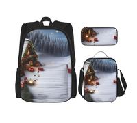 Dwrepo Set di 3 zaini con borsa per il pranzo e portapenne, zaino da viaggio con scritta Merry Christmas House, grande capacità, per uomini e donne, casual, portapranzo, portapenne, nero, taglia unica
