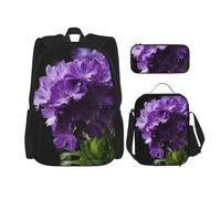 Dwrepo Set di 3 zaini con borsa per il pranzo e portapranzo con fiore viola, bellissimo zaino da viaggio zaino per laptop di grande capacità per uomini e donne casual zainetti portapranzo custodia per