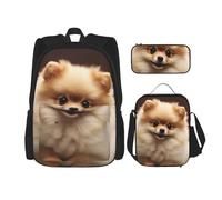 Dwrepo Set di 3 zaini con borsa per il pranzo e portapranzo con simpatico cane della Pomerania, zaino da viaggio per laptop di grande capacità, per uomini e donne, casual, portapranzo, portapenne, set