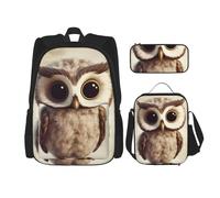 Dwrepo Set di 3 zaini con borsa per il pranzo e portapranzo con simpatico gufo, zaino da viaggio di grande capacità, per uomini e donne, casual, portapranzo, portapenne, nero, taglia unica, zaini da