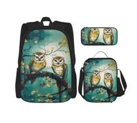 Dwrepo Set di 3 zaini con borsa per il pranzo, portapenne, coppia di gufi, pesce persico, albero, zaino da viaggio, zaino per laptop di grande capacità, per uomini e donne, casual, portapranzo