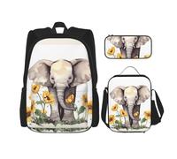 Dwrepo Set di 3 zaini con borsa per il pranzo, portapenne, elefante e girasole, zaino da viaggio di grande capacità, zaino per laptop per uomo e donna, casual, portapranzo, portapenne, nero, taglia