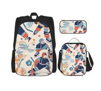 Dwrepo Set di 3 zaini con borsa per il pranzo, portapenne, elementi da hockey, zaino da viaggio creativo con motivo fantasia, zaino per laptop di grande capacità, per uomini e donne, casual