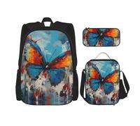 Dwrepo Set di 3 zaini con borsa per il pranzo, portapenne, motivo a farfalla, zaino da viaggio di grande capacità, per uomini e donne, casual, portapranzo, portapenne, nero, taglia unica, da viaggio,