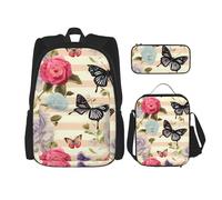Dwrepo Set di 3 zaini con borsa per il pranzo, portapenne, motivo a righe, fiore, farfalla, zaino da viaggio, grande capacità, per uomo e donna, casual, portapranzo, portapenne, nero, taglia unica,