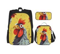 Dwrepo Set di 3 zaini con borsa per il pranzo, portapenne, pittura artistica di pollo, zaino da viaggio zaino per laptop di grande capacità per uomini e donne, casual, portapranzo, portapenne, set 3