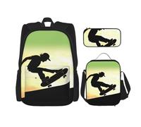 Dwrepo Set di 3 zaini con borsa per il pranzo, portapenne, skateboard, zaino da viaggio, zaino per laptop di grande capacità, per uomini e donne, casual, portapranzo, portapenne, nero, taglia unica