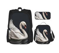 Dwrepo Set di 3 zaini con borsa per il pranzo, portapenne, zaino da viaggio con cigno bianco, zaino per laptop di grande capacità, per uomini e donne, casual, portapranzo, portapenne, nero, taglia