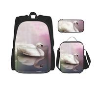 Dwrepo Set di 3 zaini con borsa per il pranzo, portapenne, zaino da viaggio con cigno bianco, zaino per laptop di grande capacità, per uomini e donne, casual, portapranzo, portapenne, nero, taglia