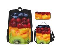 Dwrepo Set di 3 zaini con borsa per il pranzo, portapenne, zaino da viaggio con frutta arcobaleno, zaino per laptop di grande capacità, per uomini e donne, casual, portapranzo, portapenne, nero
