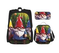 Dwrepo Set di 3 zaini con borsa per il pranzo, portapenne, zaino da viaggio con gnomi colorati, zaino per laptop di grande capacità, per uomini e donne, casual, portapranzo, portapenne, set 3 in 1