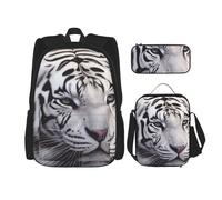 Dwrepo Set di 3 zaini con borsa per il pranzo portapenne, zaino da viaggio tigre bianca, zaino per laptop di grande capacità per uomini e donne, casual, portapranzo, portapenne, nero, taglia unica