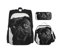 Dwrepo Set di 3 zaini con borsa per il pranzo portapranzo carino nero cane carlino zaino da viaggio zaino per laptop di grande capacità per uomo donna zaino casual portapranzo scatola portapranzo