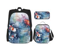 Dwrepo Set di 3 zaini con borsa per il pranzo portapranzo con scatola portapranzo colorata carpa pesce nello stagno zaino da viaggio acquerello zaino da viaggio grande capacità zaino per laptop per