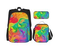 Dwrepo Set di 3 zaini con borsa per il pranzo portapranzo portapenne, colore arcobaleno, astratto, zaino da viaggio di grande capacità, zaino per laptop per uomini e donne, casual, portapranzo