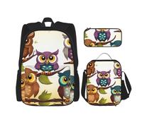 Dwrepo Set di 3 zaini con borsa per il pranzo, portapranzo, scatola portapenne, gufi, uccelli, zaino da viaggio di grande capacità, zaino per laptop per uomini e donne, casual, portapranzo, portapenne