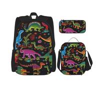 Dwrepo Set di 3 zaini con borsa per il pranzo portapranzo scatola portapenne, zaino da viaggio con dinosauro cartone animato, zaino per laptop di grande capacità, per uomini e donne, casual