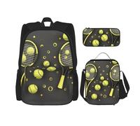 Dwrepo Set di 3 zaini con borsa portapranzo con portapranzo, divertenti racchette da tennis e palline da tennis, zaino da viaggio, zaino per laptop di grande capacità, per uomini e donne, casual