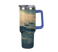 DWTJKMS Aircraft Fighter Jets - Bicchiere in acciaio inox da 1,18 l, a prova di perdite, grande capacità, con manico, cannuccia a doppia parete, isolamento sottovuoto, riutilizzabile, mantiene freddo