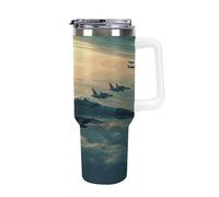 DWTJKMS Aircraft Fighter Jets - Bicchiere in acciaio inox da 1,18 l, a prova di perdite, grande capacità, con manico, cannuccia a doppia parete, isolamento sottovuoto, riutilizzabile, mantiene freddo