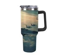 DWTJKMS Aircraft Fighter Jets - Bicchiere in acciaio inox da 1,18 l, a prova di perdite, grande capacità, con manico, cannuccia a doppia parete, isolamento sottovuoto, riutilizzabile, mantiene freddo