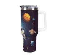DWTJKMS Astronauta Solar System Planets Bicchiere in acciaio inox da 1,18 l, a prova di perdite, grande capacità, tazza per auto con manico, cannuccia a doppia parete, isolamento sottovuoto
