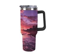 DWTJKMS Beach Sunset - Bicchiere da auto in acciaio inox, a prova di perdite, grande capacità, con manico, cannuccia a doppia parete, riutilizzabile, mantiene freddo o caldo, stile nero