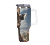 DWTJKMS Bella giraffa in acciaio inox Tumbler 1,18 once a prova di perdite grande capacità tazza auto con manico paglia doppia parete sottovuoto isolato tazza riutilizzabile mantiene freddo o caldo