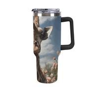 DWTJKMS Bella giraffa in acciaio inox Tumbler 1,18 once a prova di perdite grande capacità tazza auto con manico cannuccia doppia parete sottovuoto tazza isolante riutilizzabile mantiene freddo o