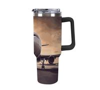 DWTJKMS Bicchiere da aeroplano in acciaio inox, 1,18 l, a prova di perdite, grande capacità, tazza per auto con manico e cannuccia, a doppia parete, riutilizzabile, mantiene freddo o caldo, stile nero