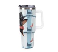 DWTJKMS Bicchiere da auto a forma di bassotto parigino, in acciaio inox, a prova di perdite, grande capacità, con manico, cannuccia a doppia parete, riutilizzabile, mantiene freddo o caldo in stile