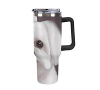 DWTJKMS Bicchiere da auto a forma di cane maltese da 1,18 l, a prova di perdite, grande capacità, con manico, cannuccia a doppia parete, sottovuoto, riutilizzabile, mantiene freddo o caldo, stile nero