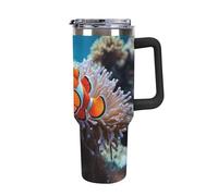 DWTJKMS Bicchiere da auto a forma di pesce pagliaccio, in acciaio inox, a prova di perdite, grande capacità, con manico e cannuccia, a doppia parete, riutilizzabile, mantiene freddo o caldo, stile